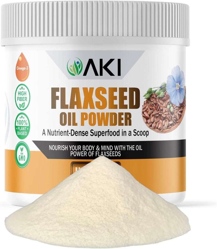 AKI Flaxseed Oil Powder - Confezionato con Nutrienti Essenziali Come Omega-3 acidi grassi, Fibra, & Lignans - Libero da Additivi Artificiali, Realizzato con ingredienti di qualità ideali (5.30oz/150g)