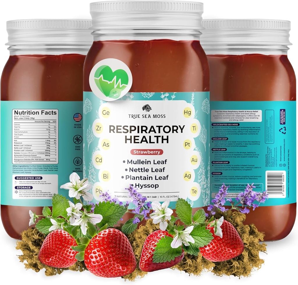 TrueSeaMoss Pro-Line Gel - Respiratory Health - 5+ Sapori - Gel di frutta con Premium Sea Moss & Potassium - Vegan-Friendly - Vitamin & Mineral Rich Supplement - Made in USA (Strawberry, Confezione di 1)