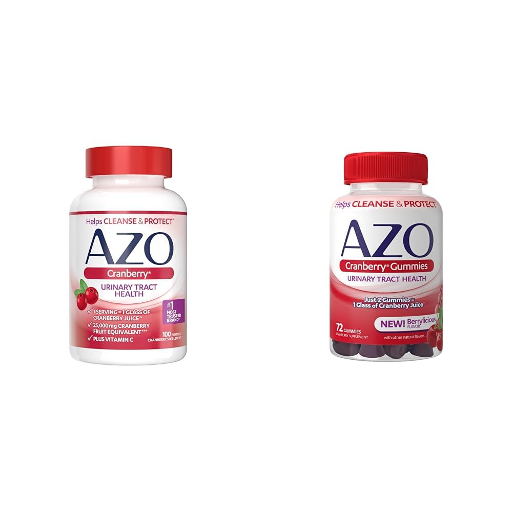 AZO Cranberry Urinary Tract Health Supplement Softgels & Gummies, 1 Softgel/Gummy = 1 succo di mirtillo di vetro, senza zucchero, non OGM, 100 Softgels & 72 Gummies