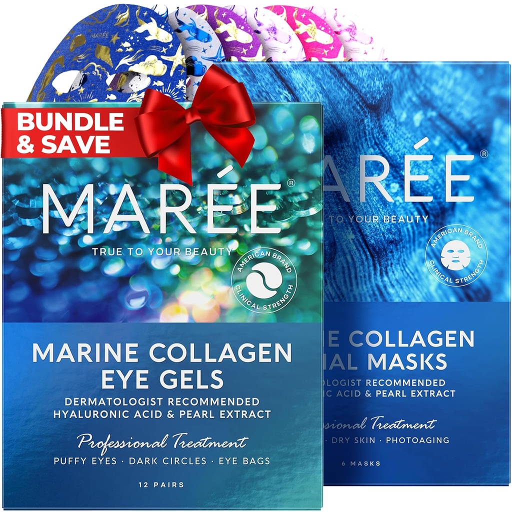 MAREE Eye Gels & Maschere Facial Bundle - Under Eye Gels for Puffy Eyes and Dark Circles, Sheet Moisturizing Masks - Marine Collagen & Hyaluronic Acid, Green & Red Algae Extract - per tutti i tipi di pelle
