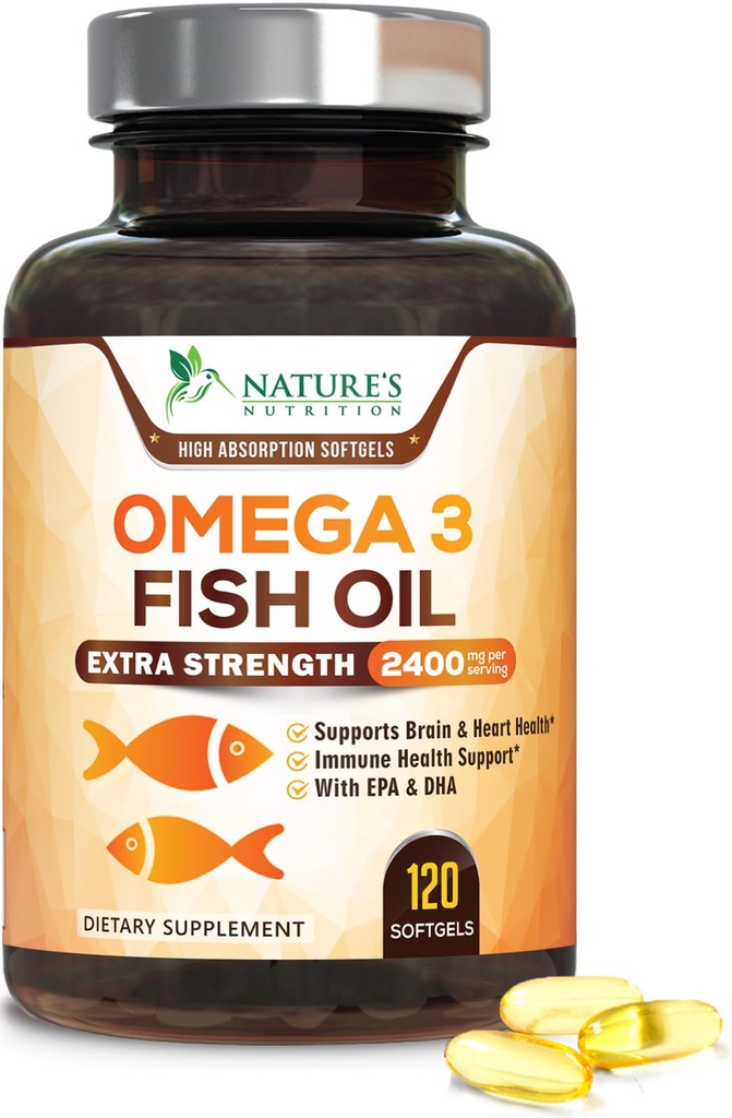 Omega 3 Fish Oil 2400 mg – Triple Strength EPA & DHA Grassty Acids for Heart, Brain & Joint Support – Wild-Caught, Burpless, Lemon Flavor Supplement – Natural, Non-GMO, Gluten-Free – 120 Softgels