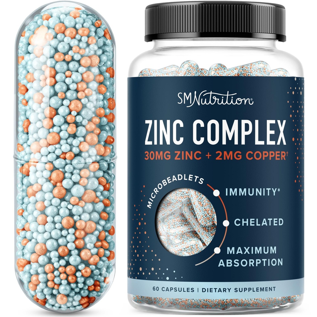 Microbeadlet di supplemento di zinco con rame per il supporto immunitario | Bisglycinate di zinco altamente assorbibile & Orotate con 2mg Rame Chelato + Vitamina B6 | Vegan, senza glutine | 60 capsule (2 mesi di alimentazione)