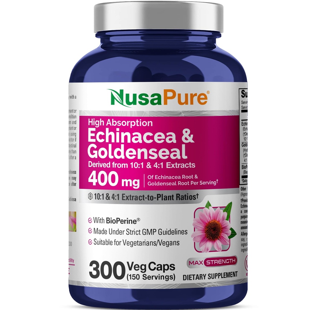 NusaPure Echinacea Goldenseal 200mg, (Estratto 10:1, Equivalente a 2000mg), 200mg, (Estratto 4:1, Equivalente a 800mg) - 2800mg 300 Veggie Caps (Vegetarian, Non-GMO, Vegan)