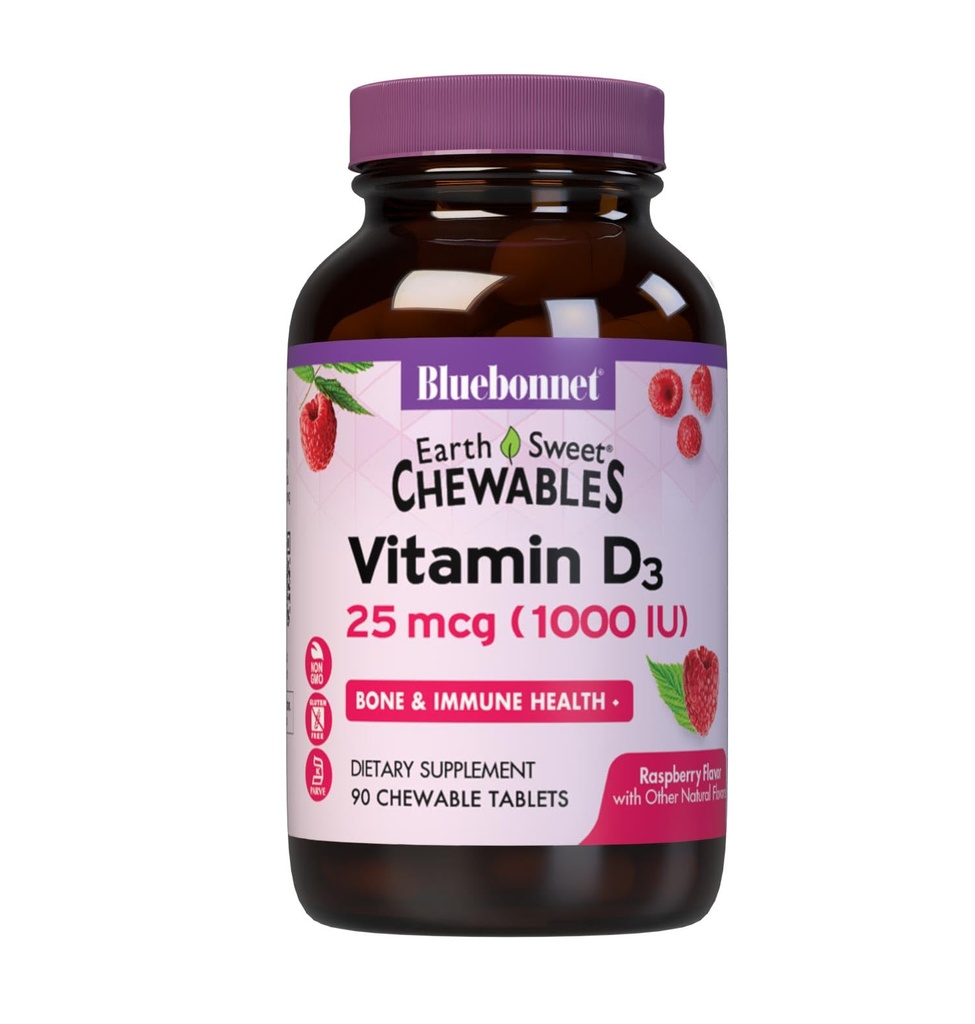 Bluebonnet Nutrition EarthSweet Vitamin D3 1000IU - Integratore di supporto Bone & Immune - Raspberry Chewable Vitamin D Integratore per Donne & Uomini - Soia-Free, Senza Glutine, Non OGM - 90 compresse