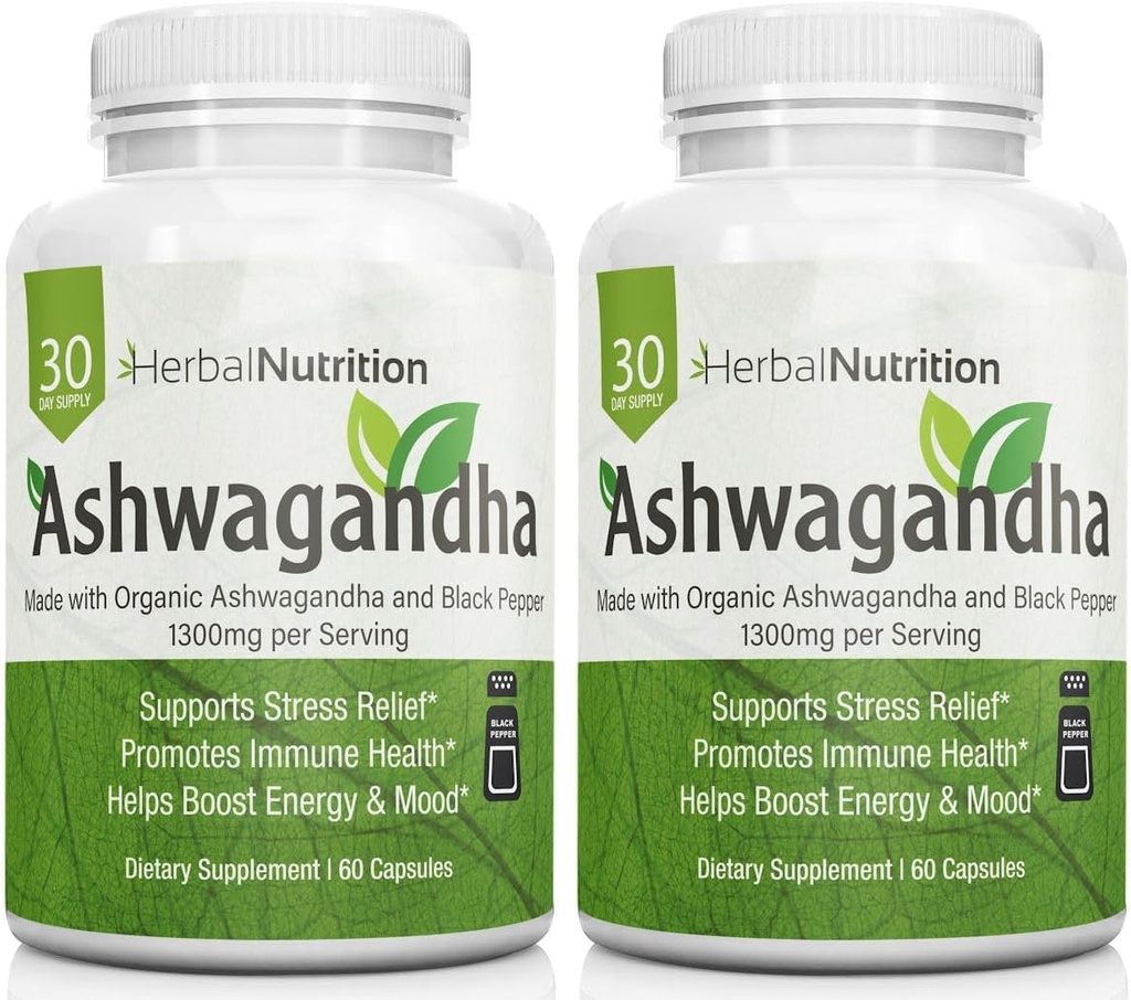 Herbal Nutrition Organic Ashwagandha 1300mg Max Strength, Due Bottiglie Pack, 120 Capsule Plus Pepe Nero per Biodisponibilità