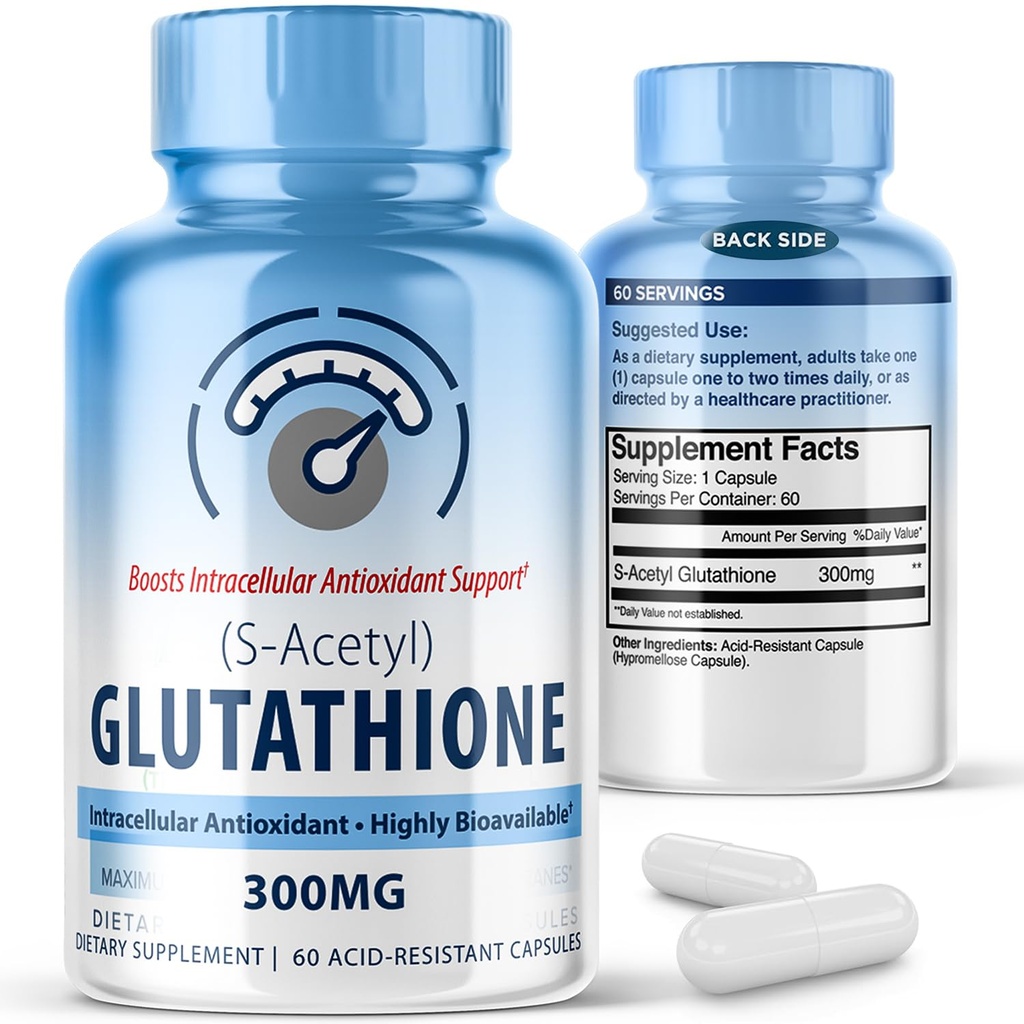 S-Acetyl L-Glutathione 300mg – 60 capsule acid-resistant, ad alta biodisponibilità S acetil Glutathione Integratori per la salute del fegato e della pelle, integratori di sostegno antiossidante supplemento
