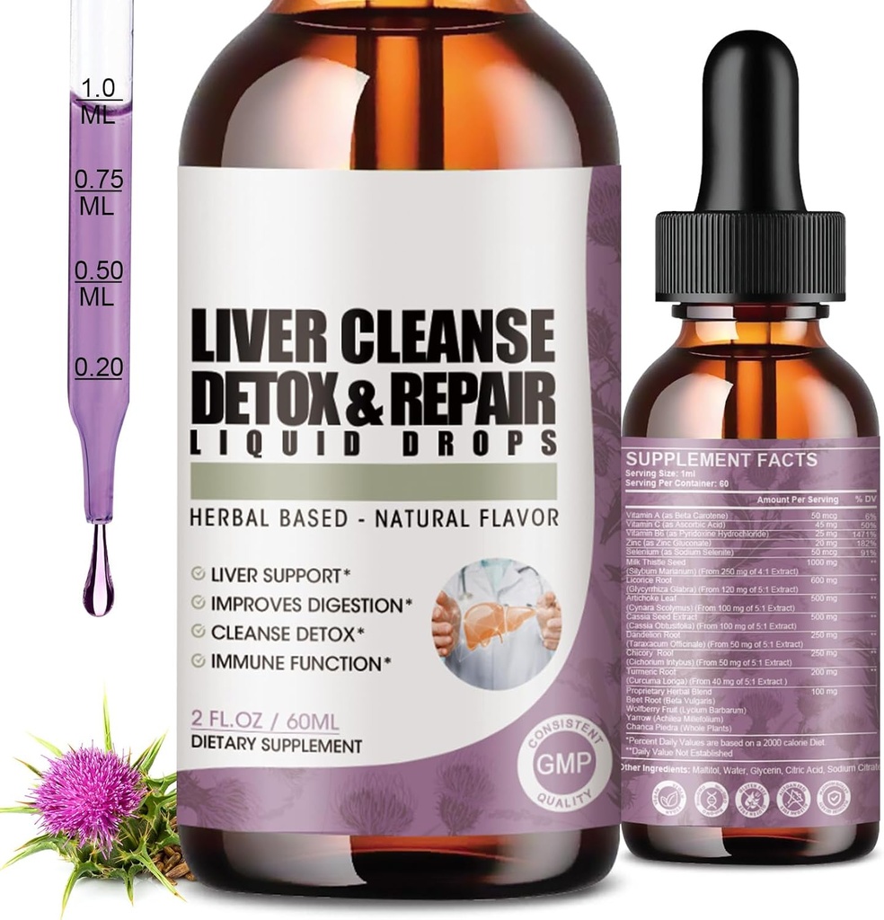 2 Pack Detox e Riparare gocce liquide con cardo del latte, Estratto di carciofo, supplemento del fegato per la pulizia del fegato & Detox, antiossidante, supporto digestivo, vegan - 4 Fl Oz