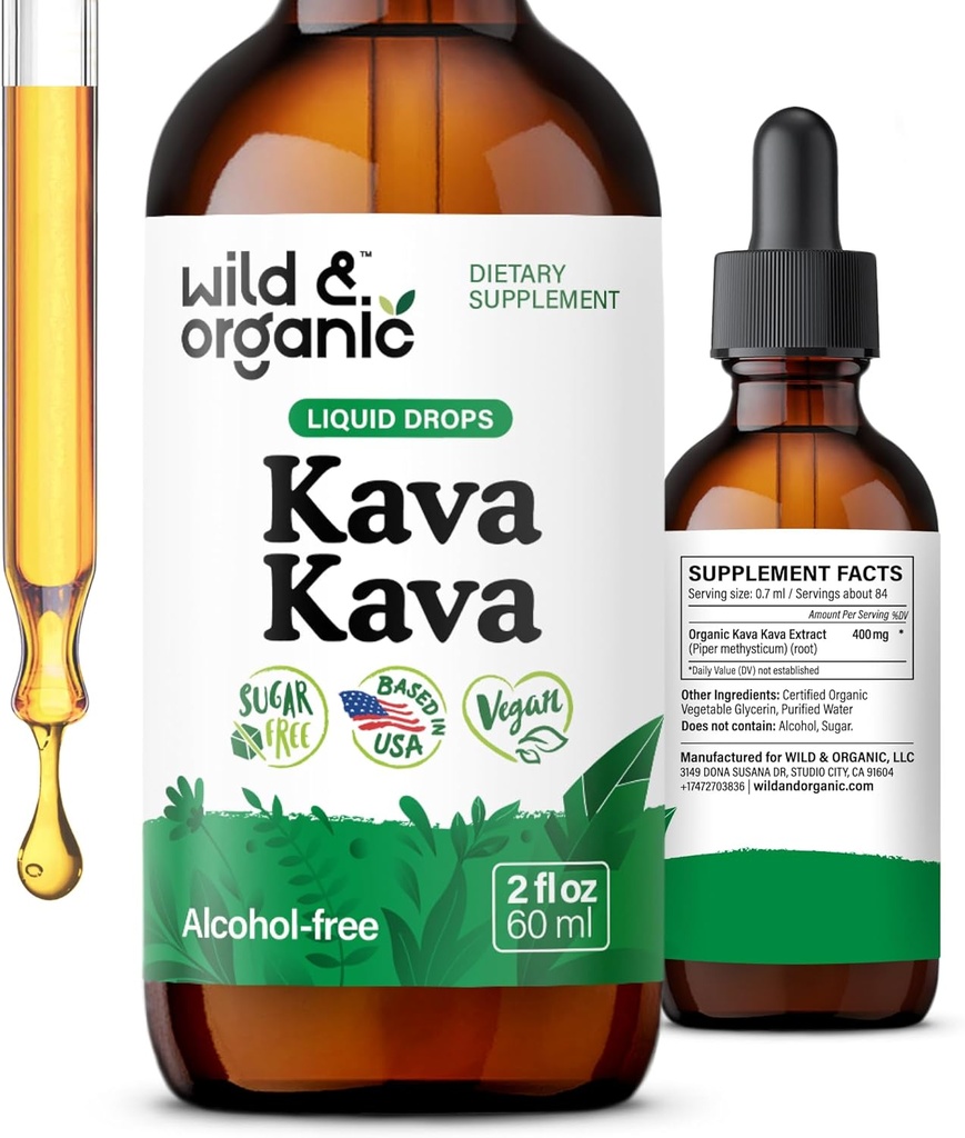 Wild & Organic Kava Kava Tincture 400 mg - Integratore di supporto per l'alluce - Gocce liquide per l'estratto di radice calmante - Alimentazione di 2 mesi - Vegan, Gocce senza zucchero e alcol - 2 fl oz