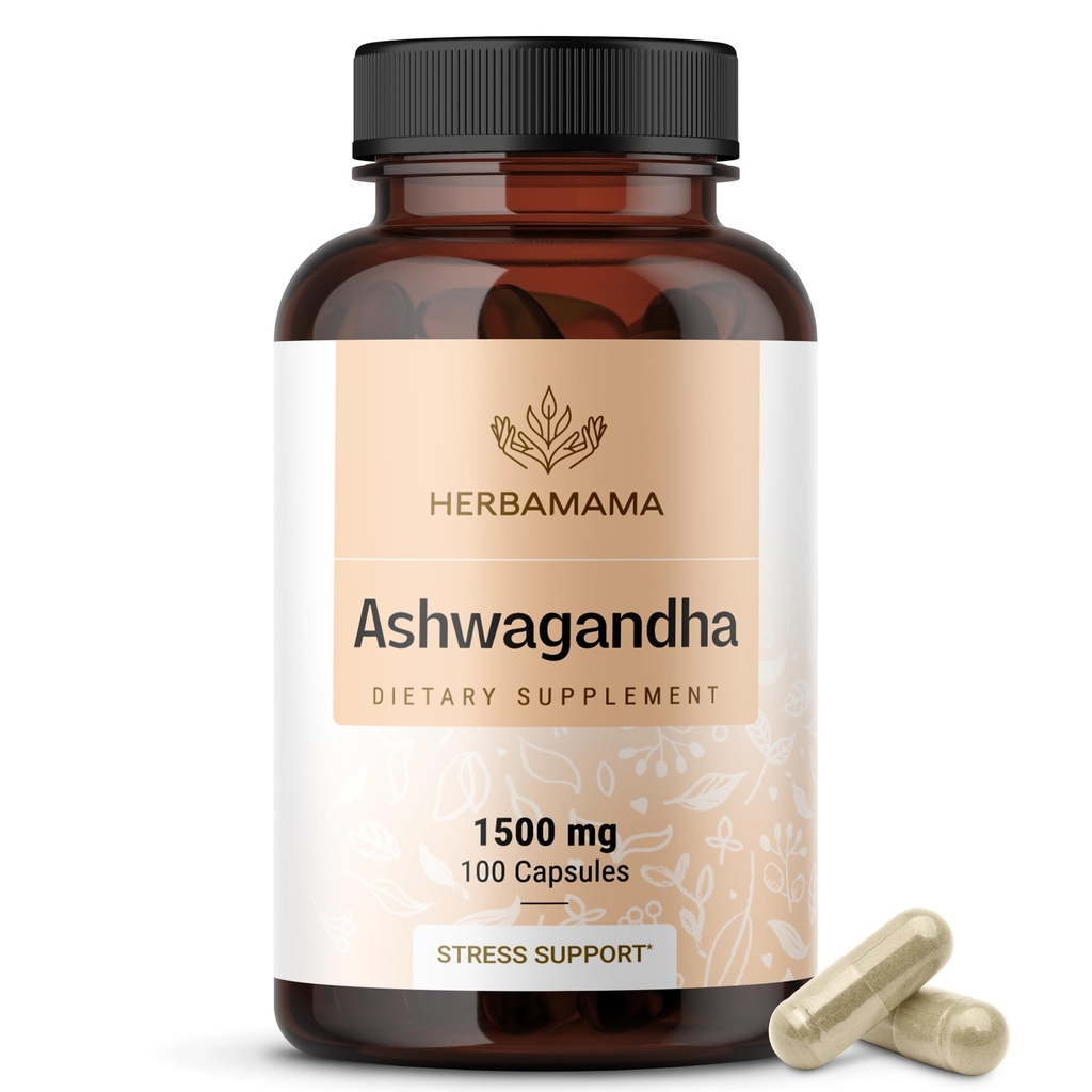 HERBAMAMAMA Ashwagandha Capsule - 1500mg Pure Ashwagandha Root Focus Supplement - Vegan, Non OGM Mood & Calm Support Supplemento per adulti, 100 Caps