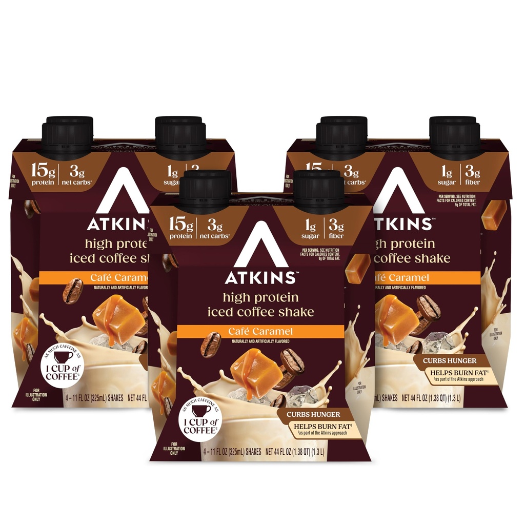 Atkins Café Caramel caffè aromatizzato Protein Shake, High Protein Shake, basso glicemico, basso carb e basso zucchero, Keto Friendly, senza glutine, 12 conte