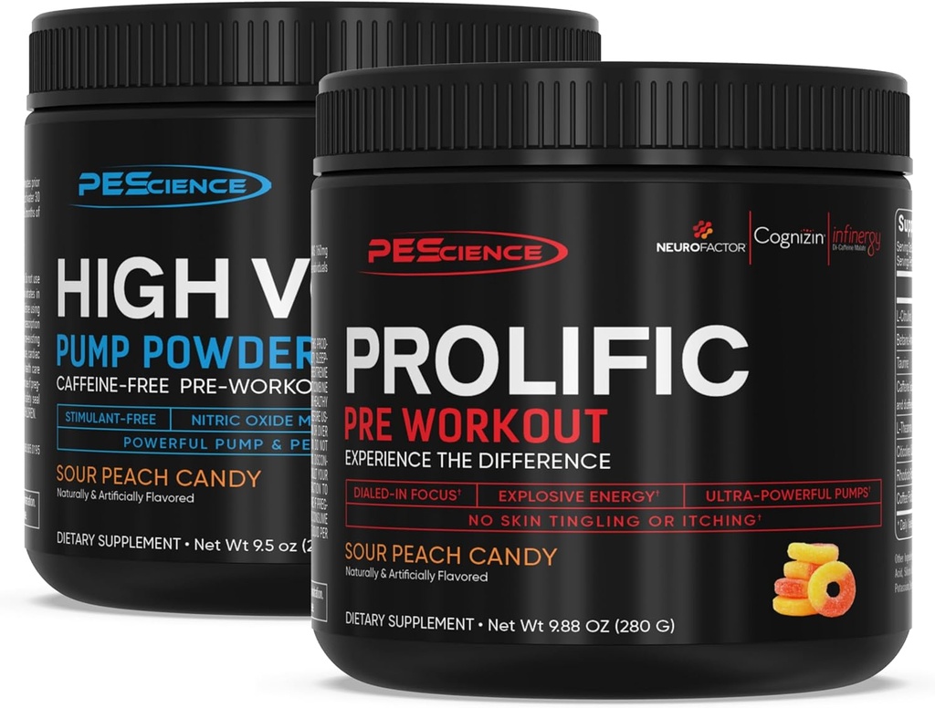 PEScience Pre Workout Stack – Prolific & High Volume, Sour Peach Candy, Nitric Oxide Booster – 40 & 36 Scoops, L Arginine Nitrate, L Citrulline, Pre polvere di allenamento per uomini e donne