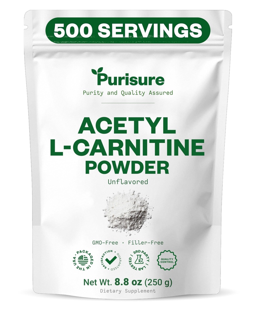 Polvere di L-carnitina dell'acetil sicuro, 250g, polvere di ALCAR, supplemento di aminoacidi, supplemento di L-carnitina dell'acetil per una migliore prestazione cognitiva e resistenza muscolare, senza glutine, non OGM, 500 Servings