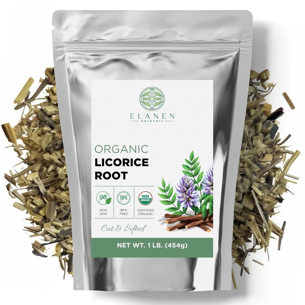 Radice di liquirizia organica di Elanen 1 lb. (16 oz.), USDA Certificato di Liquirizia Organica Tea Radice, Licourice Bulk Chopped, Liquirizia, Raiz de Regaliz Licrice, Glycyrrhiza glabra, Cut & Sifted