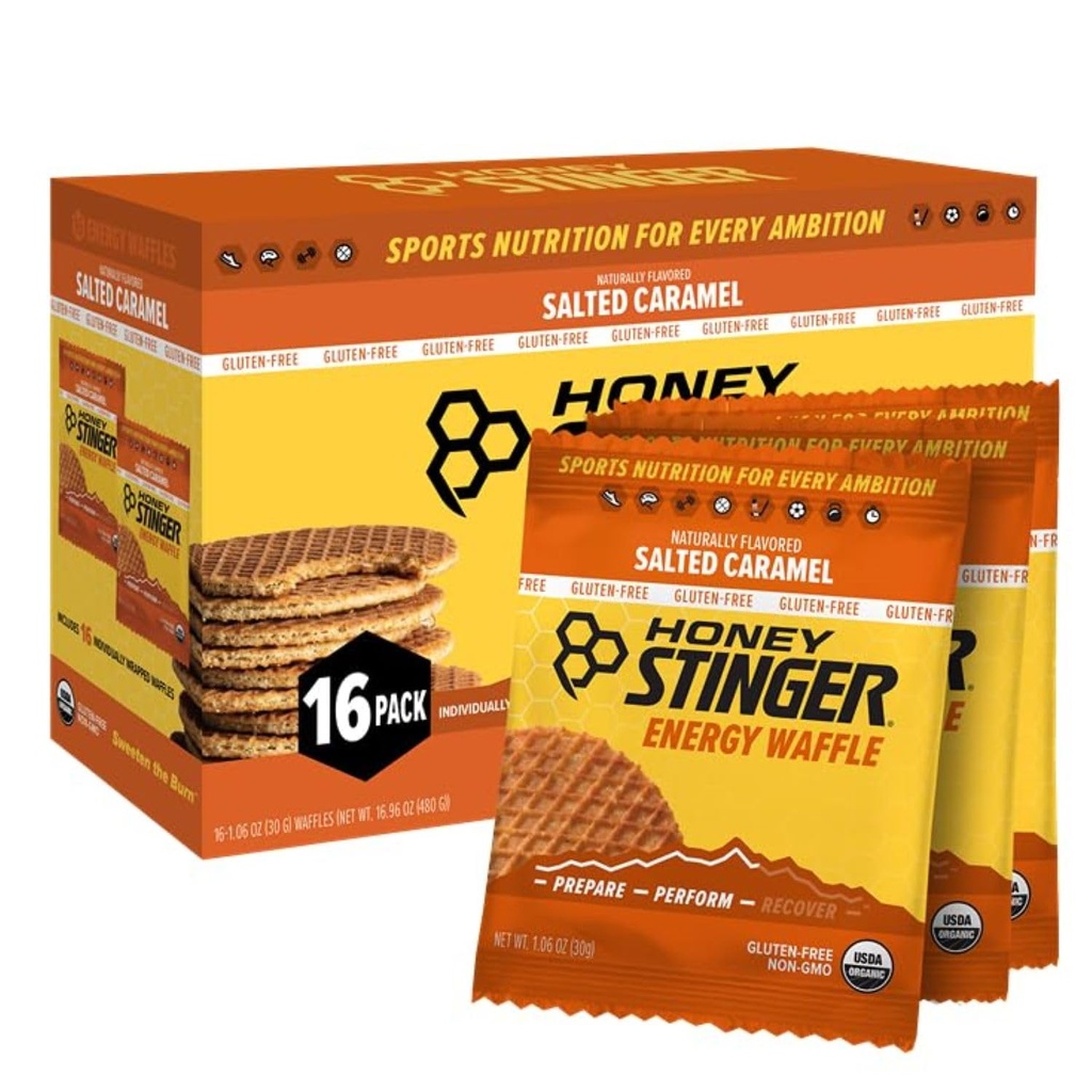 Miele Stinger Organic Gluten Free Salted Caramel Waffle, Energy Stroopwafel per Esercizio, Endurance e Performance, Nutrizione sportiva per la casa e la palestra, Pre & Post Workout, Scatola di 16 waffle, 16.96 Oz