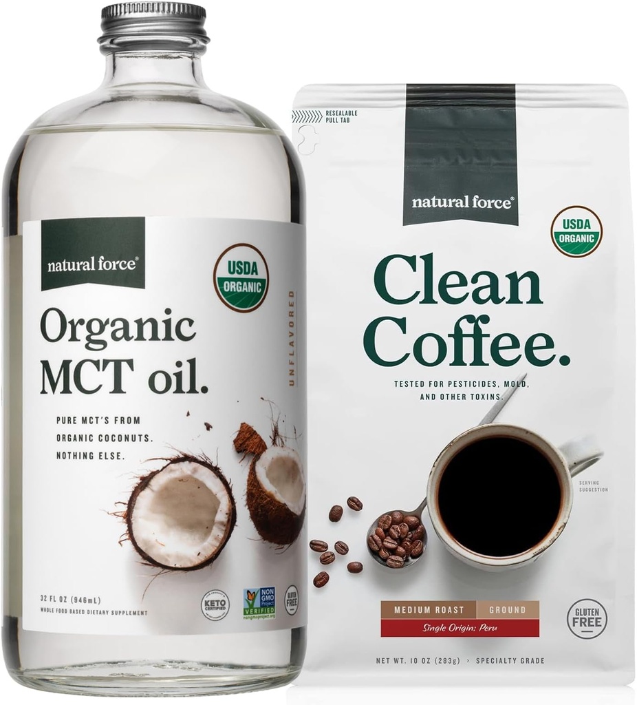 Natural Force Organic Ground Clean Coffee + Organic MCT olio Bundle – 100% Pure Coconut MCTs & Mold & Mycotoxin Free Coffee – Non-GMO, Keto, Paleo e Vegan - 10 Oz Bag e Bottiglia di vetro da 32 Oz