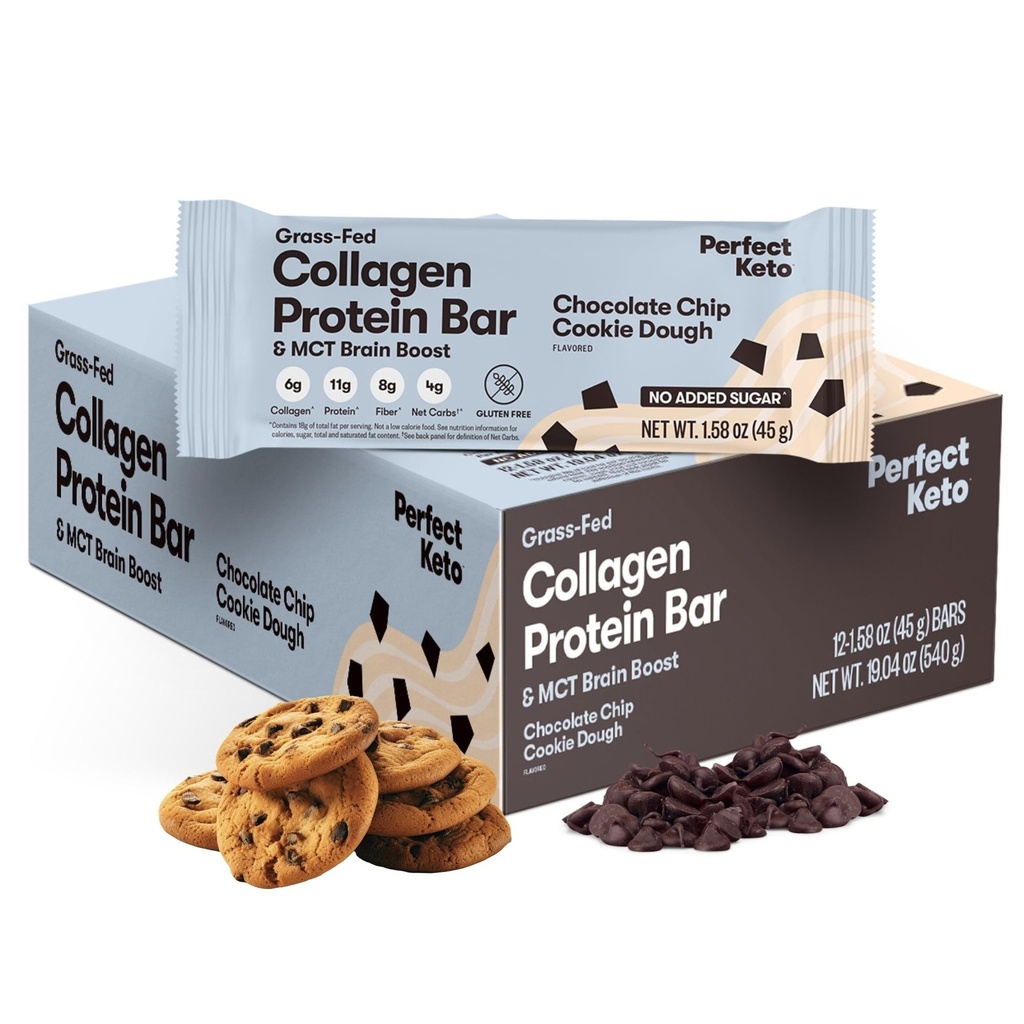 Perfect Collagen Protein Bars, Gluten Free Grass Fed Collagen + MCT Olio, Carbo basso, Senza zucchero Aggiunto, Spuntini ad alta proteina, Alimenti di dieta Keto, Proteine 11g, Grasso 18g, Carbi netti 3g, Chip al cioccolato, 12 bar