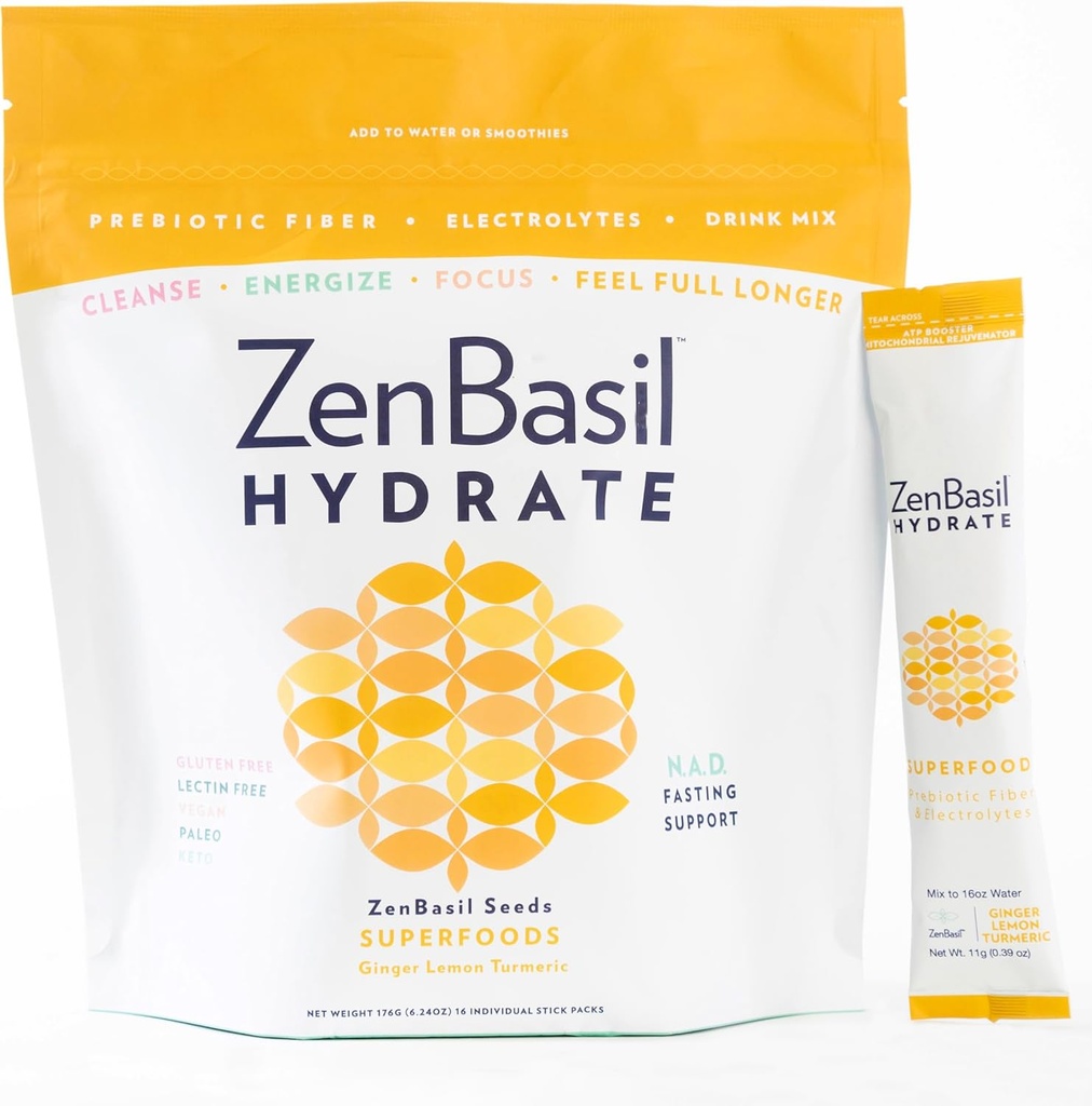 Zen Basil Hydrate - Ginger Lemon Turmeric | Electrolyte Hydration Powder Packets | Fasting Support | Sugar Free, Keto, Paleo | 16 Stick | Idratazione cellulare