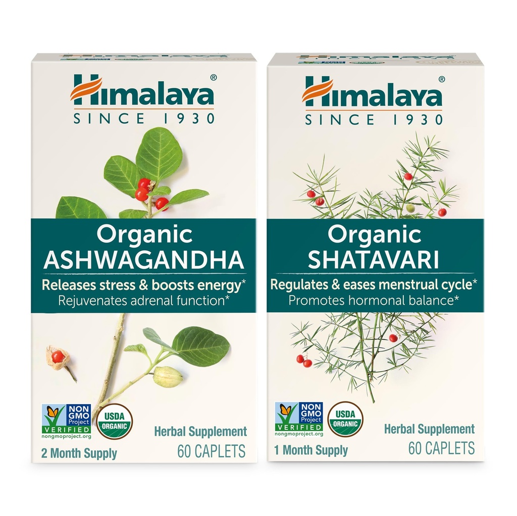 Himalaya Organic Ashwagandha per il supporto energetico Plus Organic Shatavari per PMS, Menstrual Cramp Relief & Menopause Support, 60 Capsule Ogni – 2 Prodotto Bundle