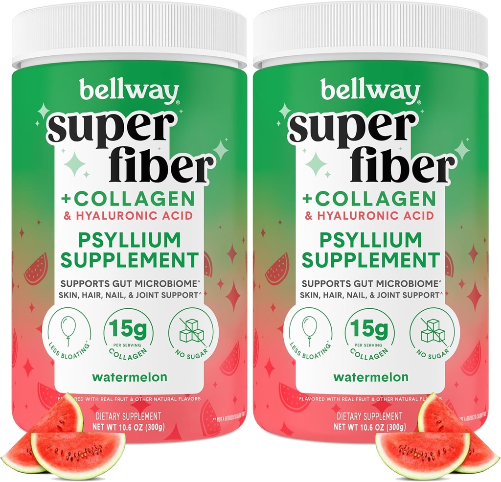 Bellway Super Fiber Powder + Collagen (2 Pack), Polvere senza zucchero Psyllium Husk con Peptidi di collagene e acido ialuronico per la salute del fegato, pelle sana, unghie, ossa e giunti, anguria (21.2 oz)