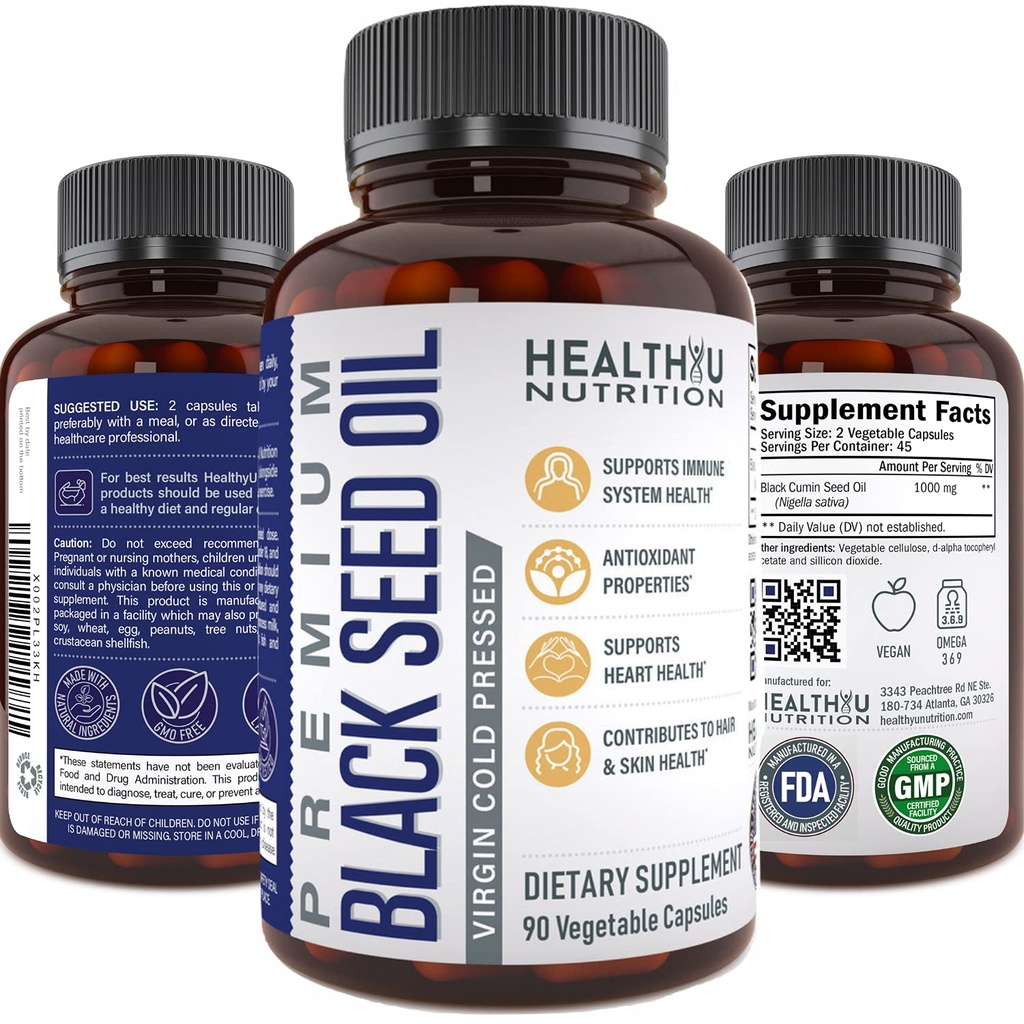 Premium Black Cumin Seed Oil Capsule - Vergini Pressate Nigella Sativa Black Seed Oil Pills - Integratore di Supporto Immune - Omega 3 6 9 Vitamina E Blackseed for Nails Hair Skin 1000 mg p/Serving