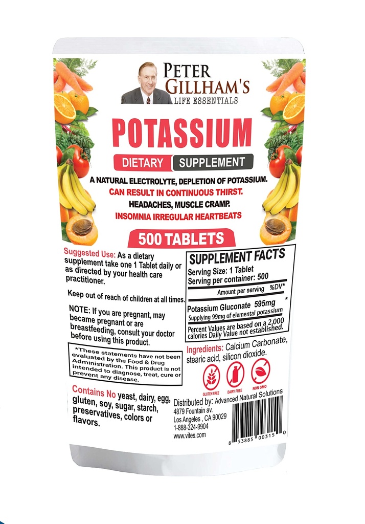 Peter Gillham’s Life Essentials Potassium Gluconate compresse 595mg, 500 compresse, Supporto Electrolyte Balance, Made in USA (Package May Vary)