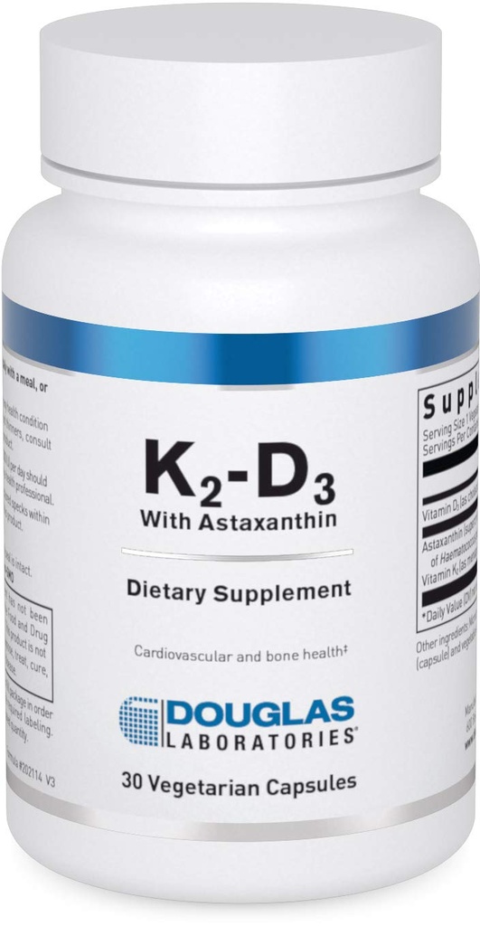 Douglas Laboratories K2-D3 con Astaxantina - Supporto antiossidante per le ossa, Funzione immunitaria e salute vascolare* - Con Menaquinone-7 & D Vitamina - 30 capsule vegetariane