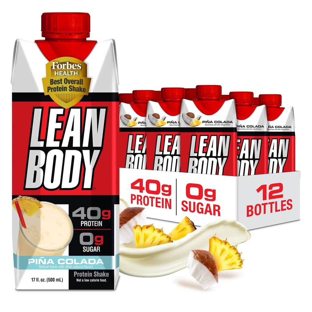 Lean Body Ready-to-Drink Pina Colada Protein Shake, 40g Protein, Whey Blend, 0 Sugar, Gluten Free, 22 Vitamine & Minerali, 17 Fl Oz (Pack of 12)