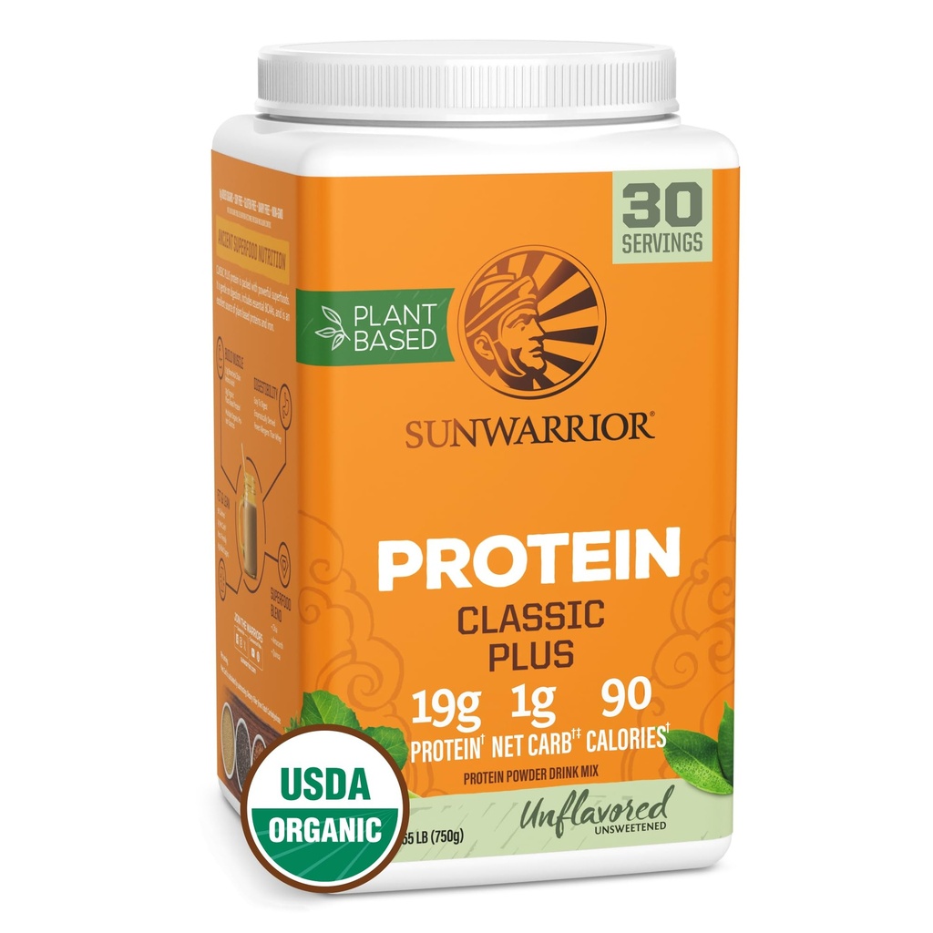 Vegan Organic Protein Powder Plant-based | 5 Superfood Quinoa Chia Seed Soy Free Dairy Gluten Free Synthetic Free NON-GMO | Unflavored 30 Servings | Classic Plus by Sunwarrior