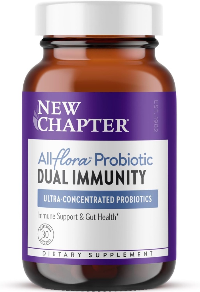 New Chapter All-FloraTM Probiotic Dual Immunity, Ingredienti Clinical-Strength - Probiotici altamente concentrati per il supporto immunitario attivo & Gut Health + Immune-Boosting Fermented Postbiotics, 30 ct