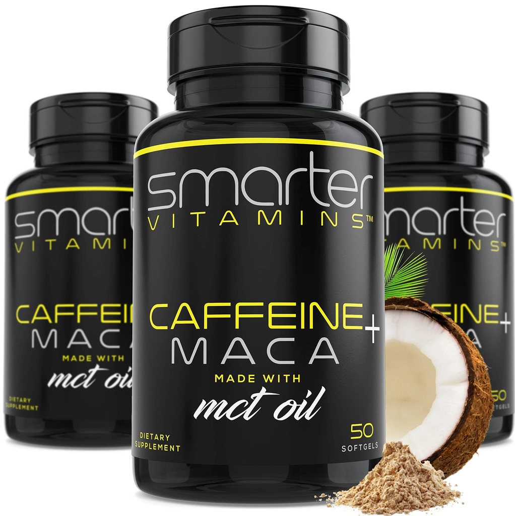 (3 Pack) Pillole energetiche più intelligenti, 200mg Caffeina e Coconut MCT Olio con Radice Maca, 150 Liquid Softgels