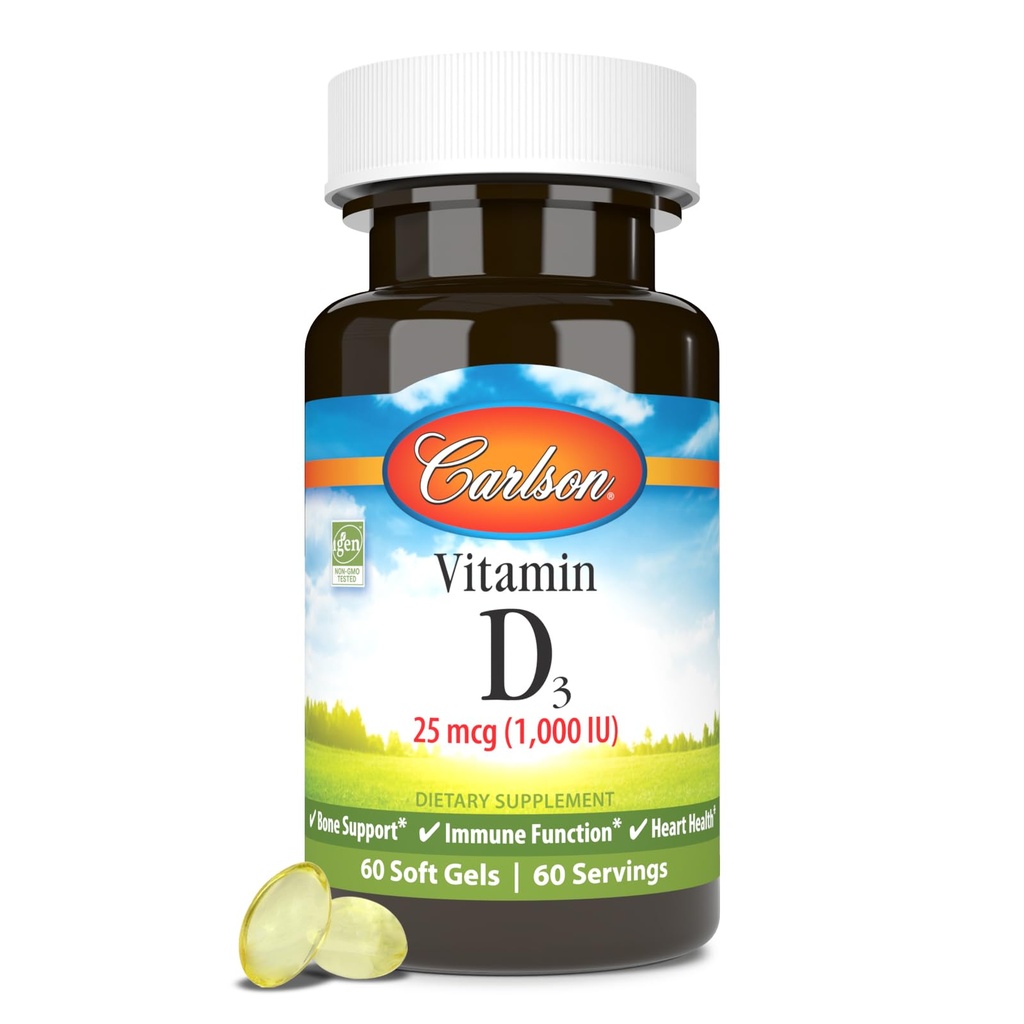 Carlson - Vitamina D3, 1000 IU (25 mcg), Bone Salute, Muscolo Salute, Cholecalciferol, Integratori di vitamina D, Vitamina D3 Soft Gel, 60 Softgels