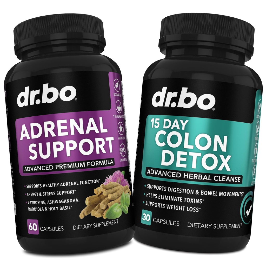 DR. BO Adrenal Support & Colon Cleanse Supplements - Supplemento di fatigue surrenale con Ashwagandha & L Tyrosine - 15 giorni Pillole detergenti Intestinali per il supporto del movimento del tassello & Gut Stomach