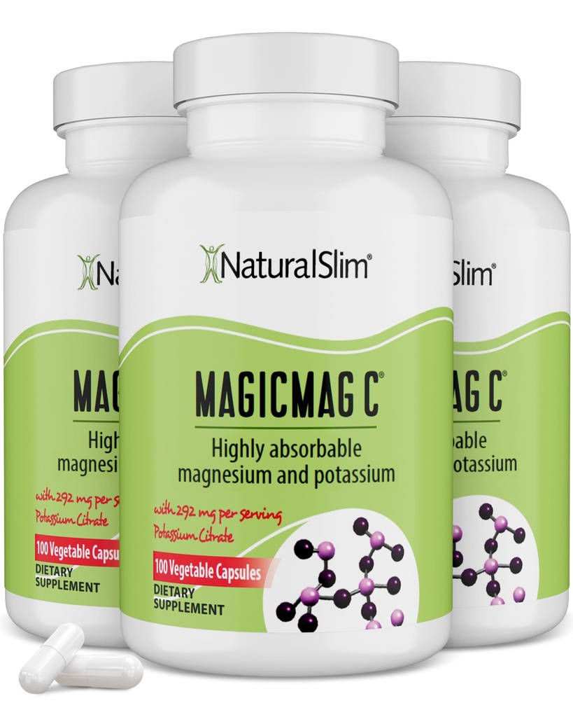 MagicMag C di NaturalSlim, Citrato di Magnesio con Potassio per Rilassamento Muscolare, Qualità del Sonno, Nerve Function & Electrolyte Support, Supplemento di Magnesio Giornaliero per Uomini e Donne, 100 Capsule 3pk