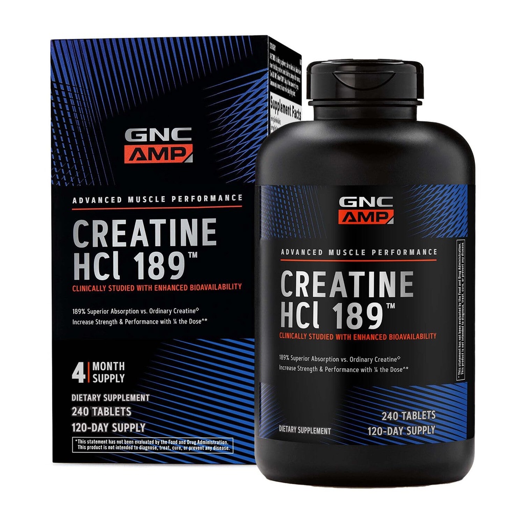 GNC AMP Creatina HCl 189 Pillole, resistenza clinicamente provata & Muscle Builder, prestazioni atletiche, produzione di energia, supplemento di recupero, assorbimento veloce, formula senza glutine, 120 Serve