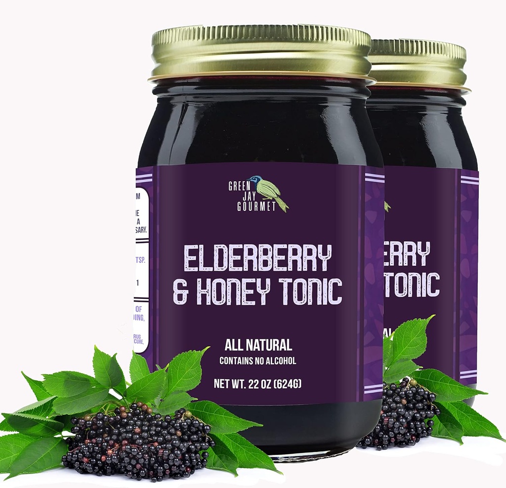 Green Jay Gourmet Elderberry Tonic – Tutto Natural Elderberry Syrup – Elderberry Immune Support for Kids & Adults – Potente Elderberry & Honey Blend – Sambucus Elderberry Syrup – 2 x 22 once