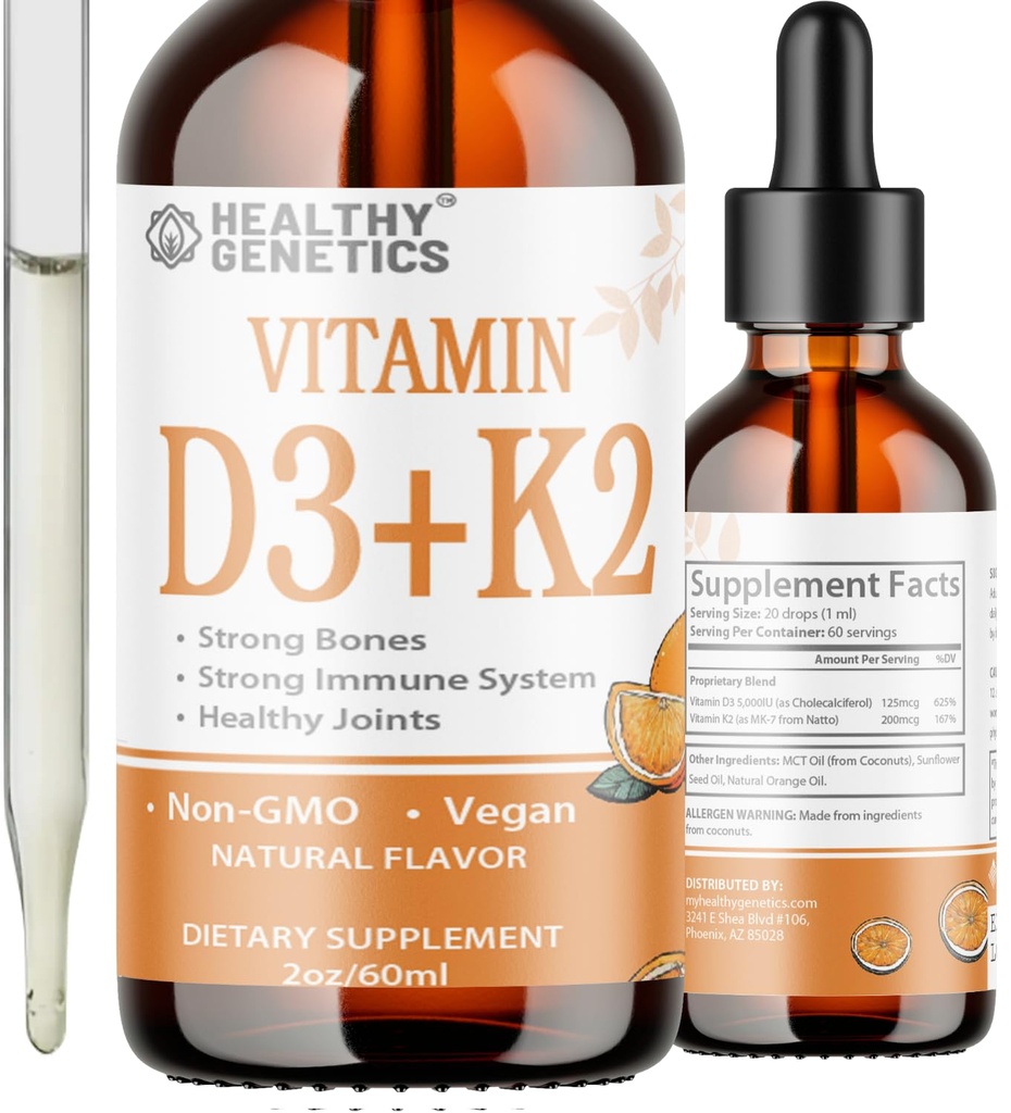 Vitamina liquida D3 K2 Plus Vitamina K2 MK-7 | 5000IU Vitamin D Liquid Drops | Bones | Immune | Heart Health | Boost Energy 2oz