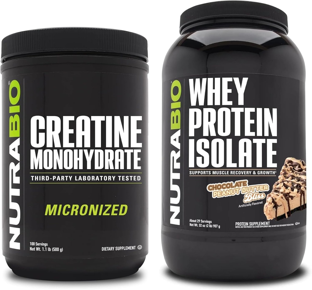 NutraBio Creatina monoidrato, non aromatizzato, 500g e proteine del siero, burro di arachidi al cioccolato, supplemento Bundle - energia muscolare, crescita muscolare magra, recupero e resistenza