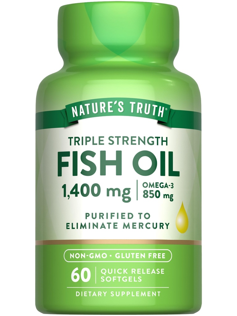 Verità della natura Triple Strength Fish Oil Softgels | 1400 mg | 60 Count | Active Omega 3 | Non-GMO & Gluten Supplemento gratuito