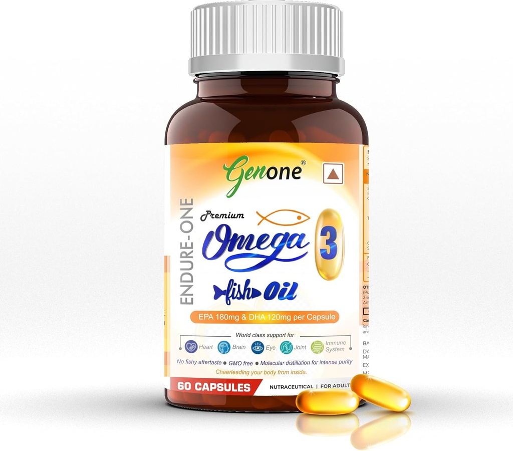 genone EndureOne Migliore Omega-3 Fish Oil Capsule per Cervello, Cuore, Occhi e Giunti Salute (Uomo & Donne) 60 Softgels