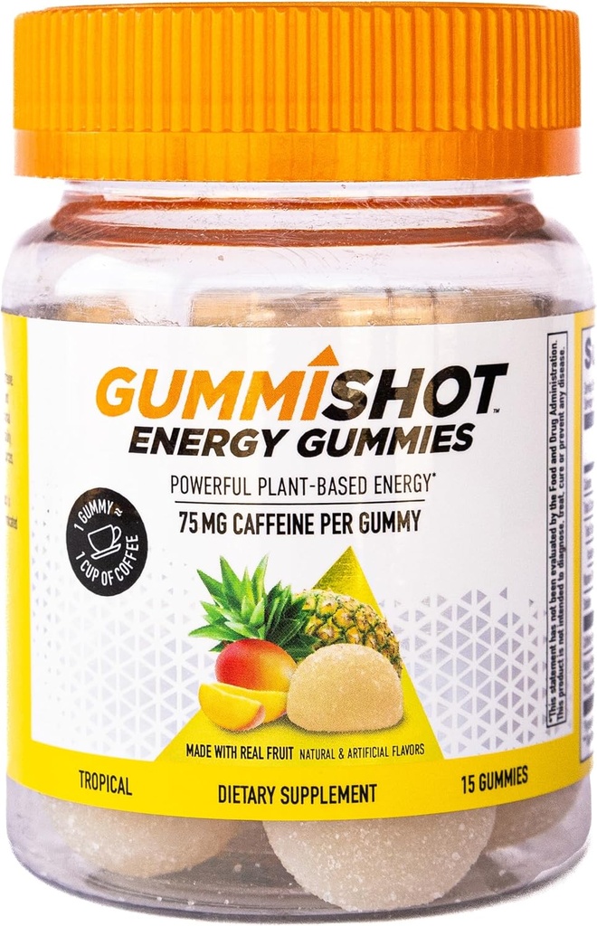 GummiShot Energy Gummies, 1125 mg di chews di caffeina piantati per bottiglia, Booster di energia duratura lunga, tropicale (15ct)