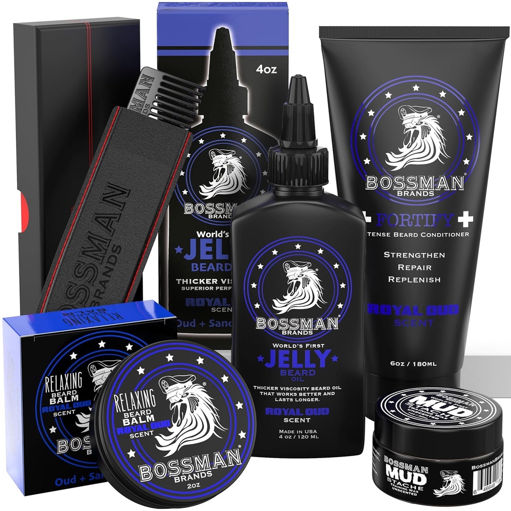 Bossman Kit completo cuscinetto – Men's Beard olio gelatina, condizionatore doccia fortificante, balsamo, cera Mustache & Comb – Cuscinetto Softener & Grooming Care – Men Gift Set (Royal Oud Scent)