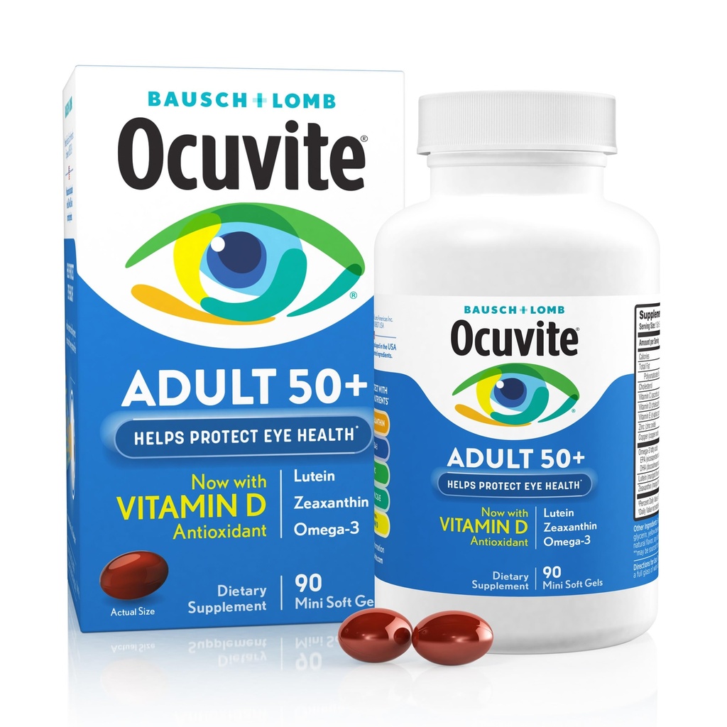 Ocuvite 50+ Integratore di Vitamina e Minerali Occhi, Multivitamina per Visione e Salute Oculare con Omega-3, Zinco, Vitamine C & E, Lutein & Zeaxanthin, Integratori di Zinco per Donne e Uomini, 90 Softgels