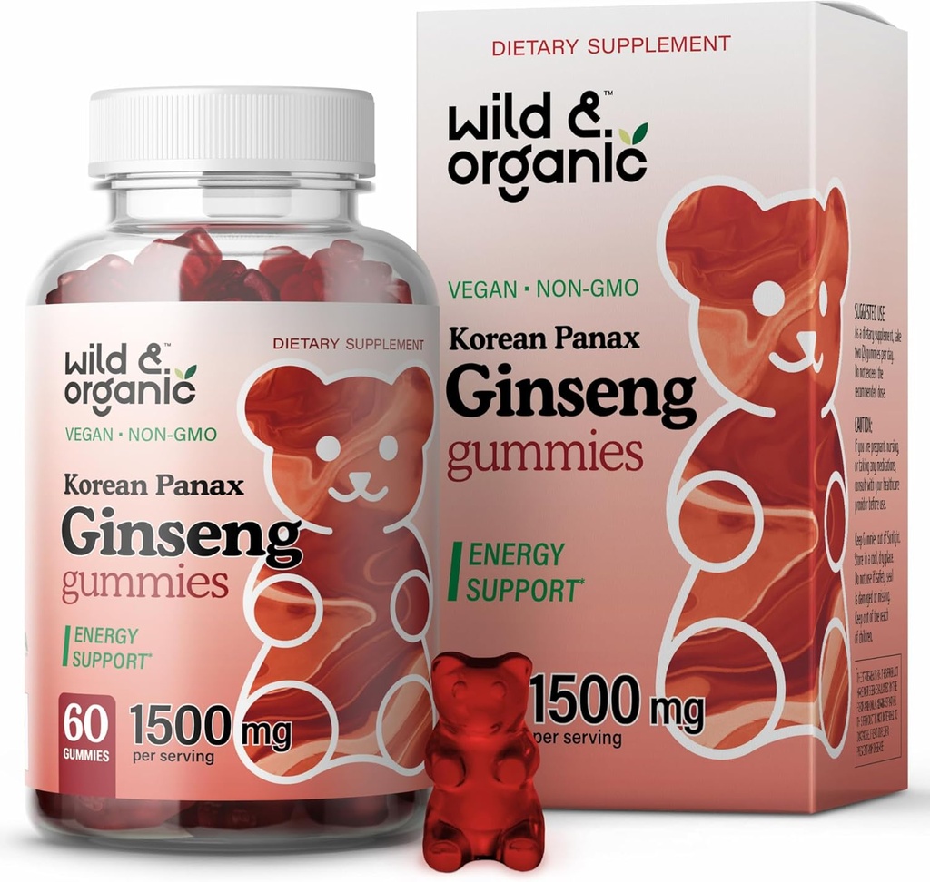 Wild & Organic Panax Ginseng Gummies 1500 mg - Coreano Red Ginseng Supplemento - Vegan, non OGM Root Powder Based Chews - 60 Count