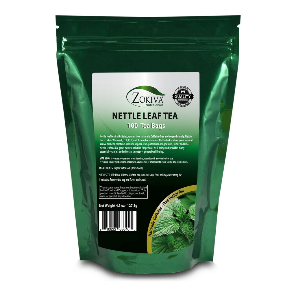 Zokiva Nutritionals - Nettle Leaf Tea Bags Mega Pack - 100 Premium Quality Convenient Organic Herbal Tea Bags - Caffeina-free e Vegan-friendly In un Resealable Stand Up Zip Lock Pouch