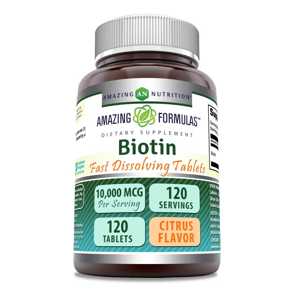 Incredibile Formulas Biotin 10.000 mcg | Tavole dissolve veloci | Non OGM | Gluten Free Supplement | Made in USA (Citrus | 120 Tablets)