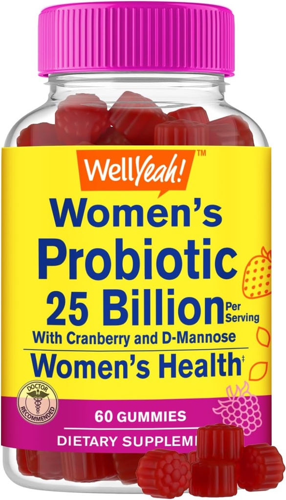 25 miliardi di probiotici per donne gommie con mirtillo e D-Mannose - 12 strati - salute vaginale, supporto digestivo, salute del fegato e salute femminile - 60 gommie