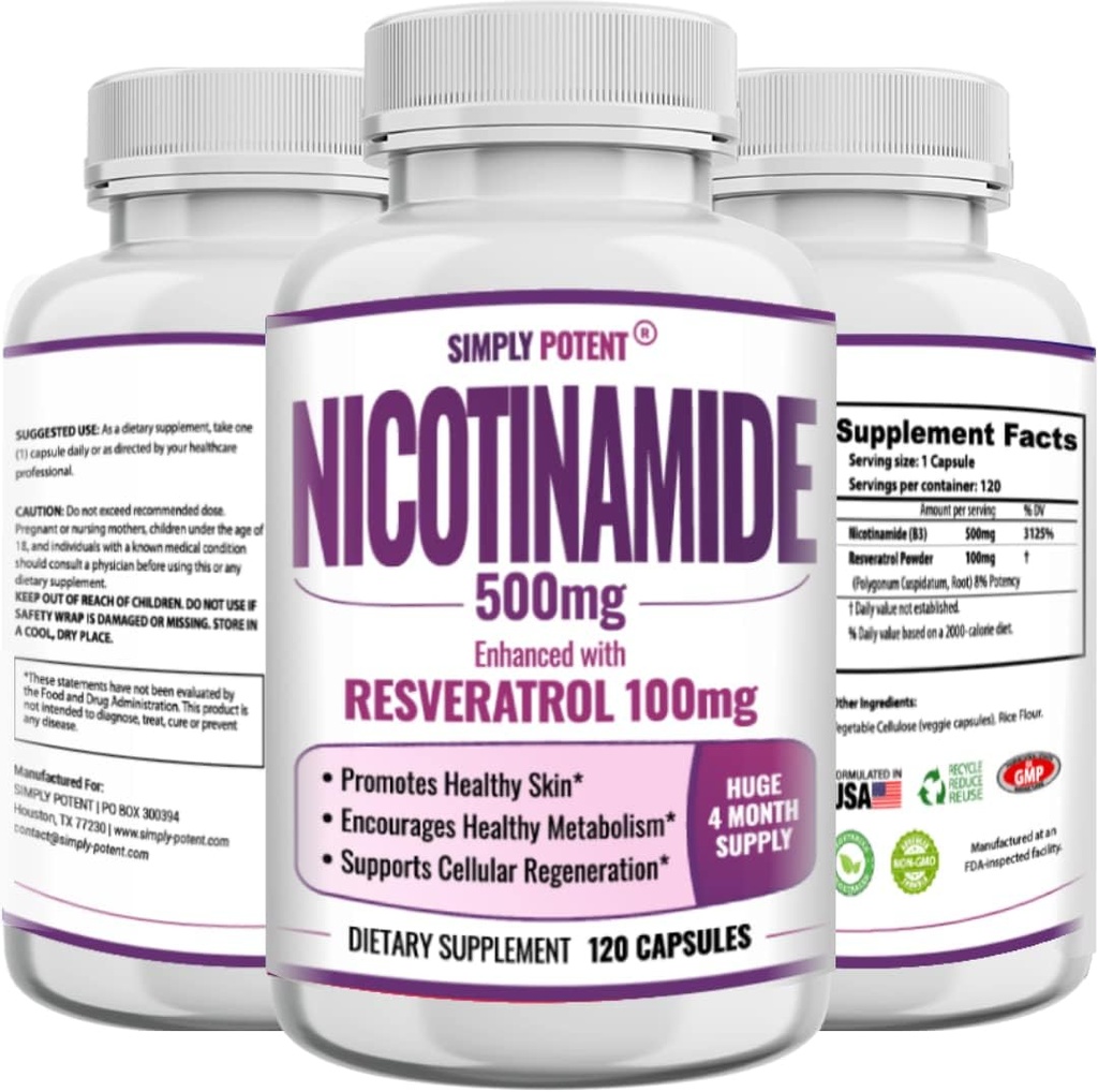 Nicotinamide 500mg con Resveratrolo 100mg - 120 capsule vegetali - Vitamina B3 pillole di supplemento per sostenere NAD, Salute e Energia delle cellule della pelle