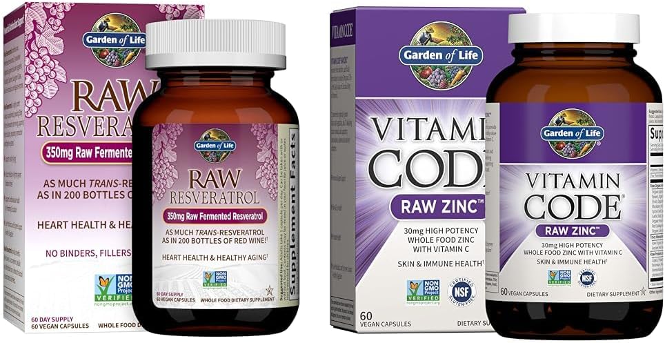 Integratore di resveratrolo del cuore del giardino di vita & integratori di zinco 30mg di alta potenza Zinco crudo e vitamina C supplemento multiminerale
