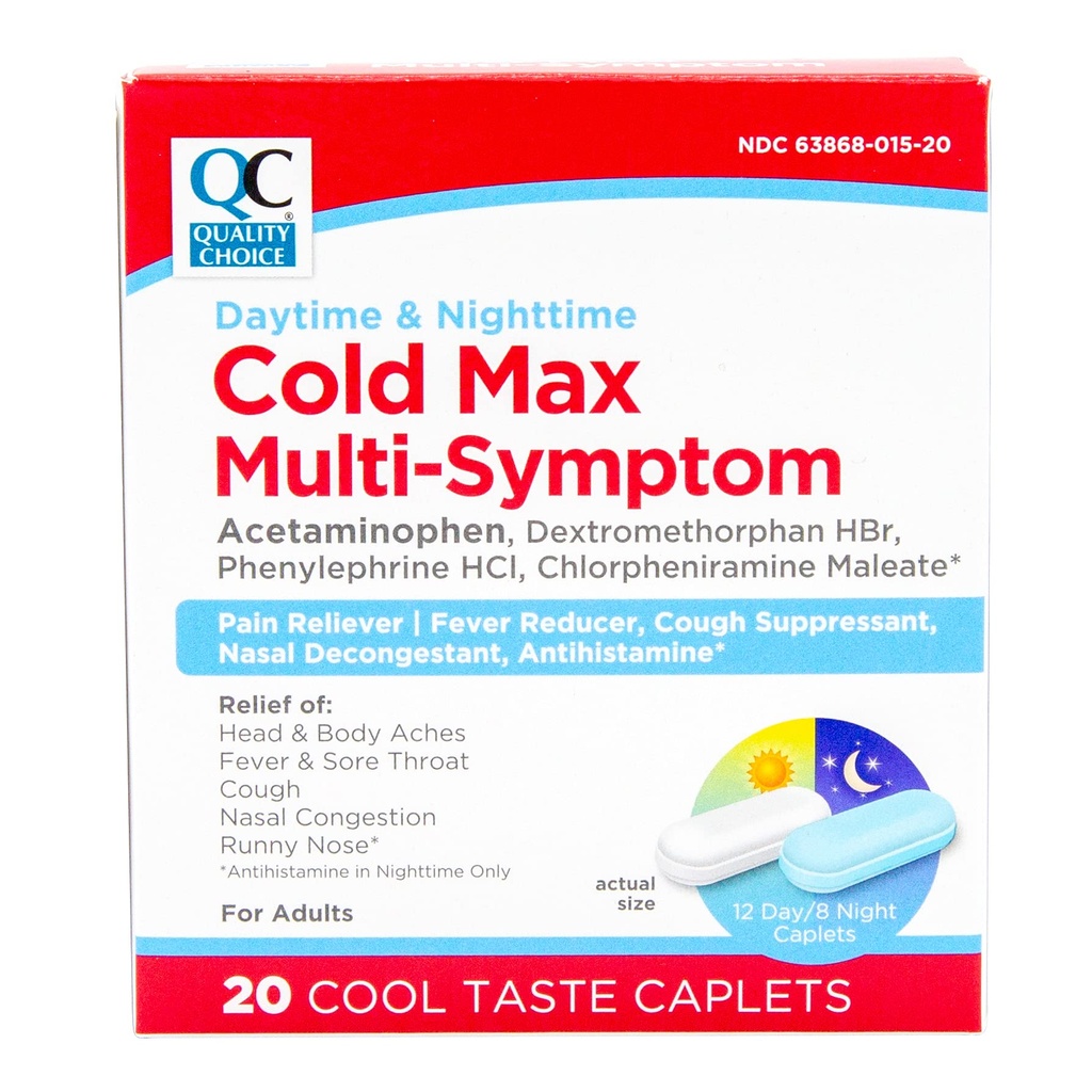 Quality Choice Day & Night Cold Max Multi-Symptom, Cold & Flu Medicine, Pain Reliever, Fever Riduttore, Cough Suppressant, Nasal Decongestant, 24 ore Relief Cool Taste Caplets