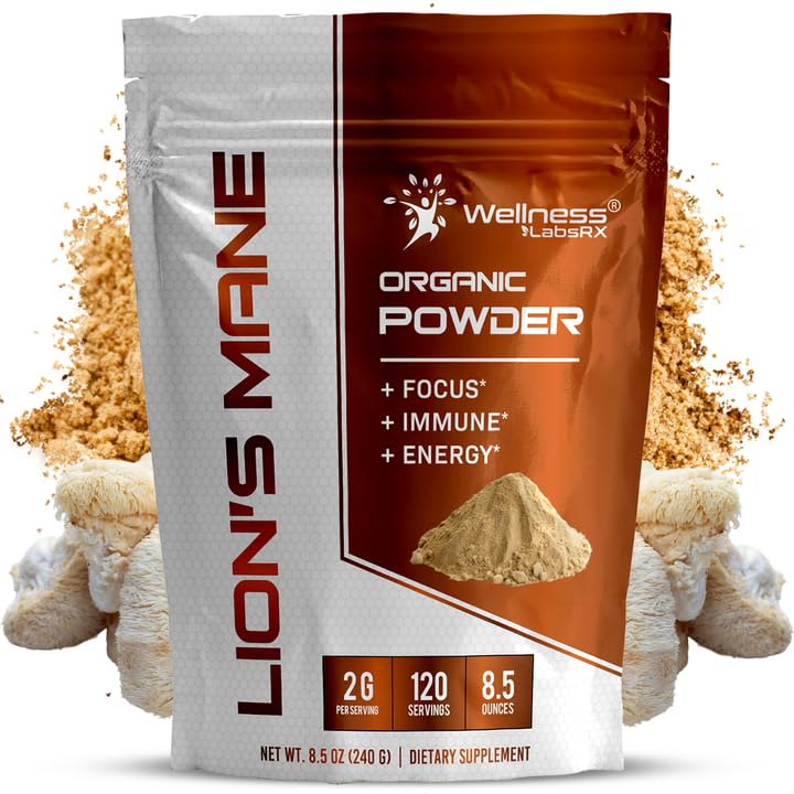 WELLNESS LABSRX Lions Mane Powder, Mushroom Supplement - 2000mg - Lions Mane Supplement - Lions Mane Mushroom Powder Brain Supplements for Memory and Focus, Immune Support and Health - 120 Serve